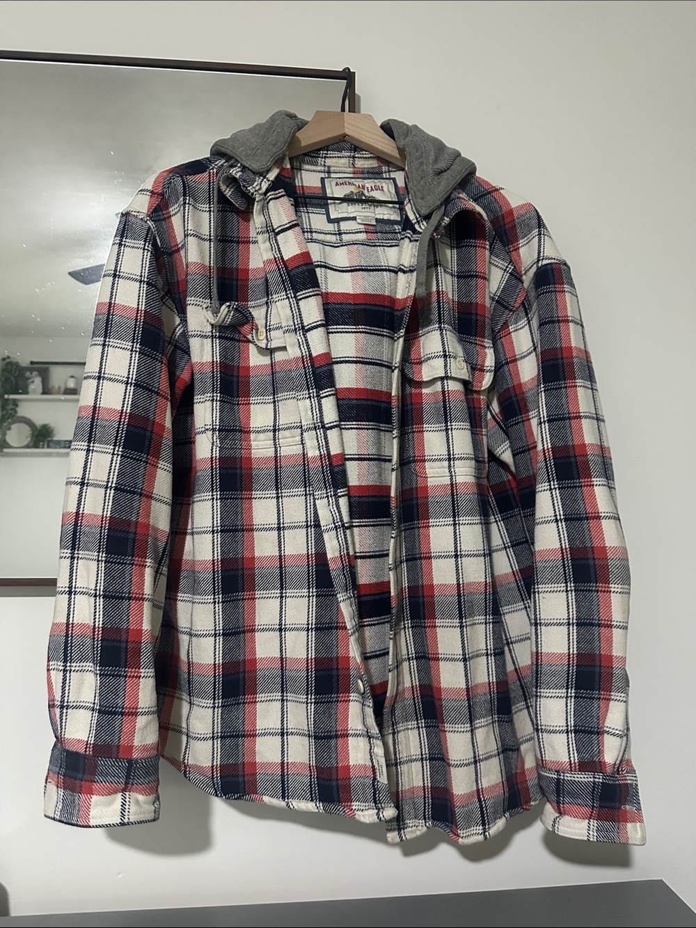 American Eagle Hooded Plaid Jacket - Red, Navy & Cream